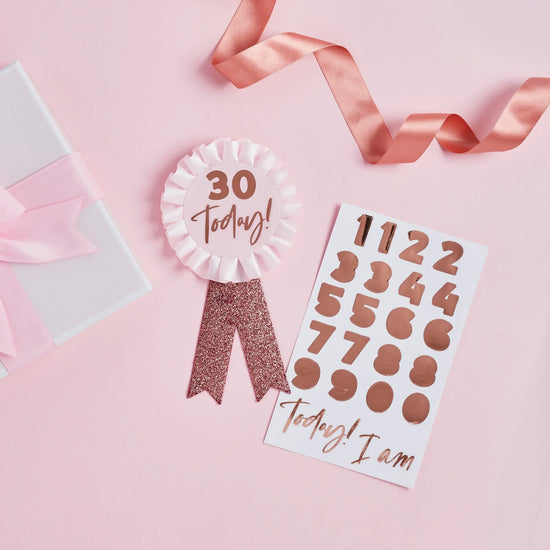 Rose Gold Milestone Birthday Badge Personalized with 1 Sticker Sheet