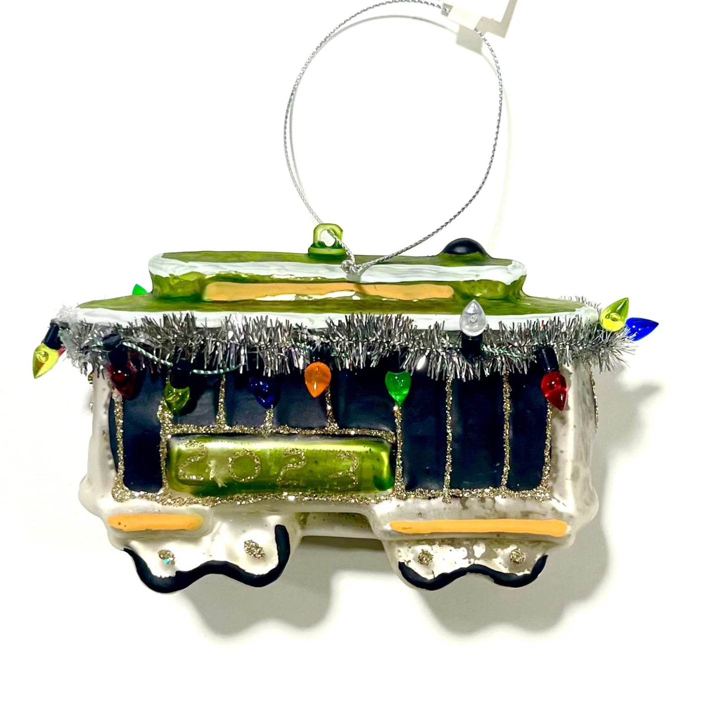 Hand-Painted Glass Streetcar Ornament w/ Glitter, Tinsel & Lights