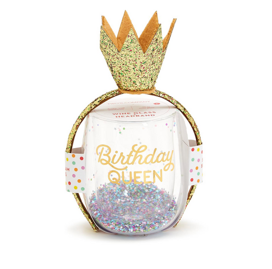 Birthday Queen Crown Headband and Stemless Wine Glass