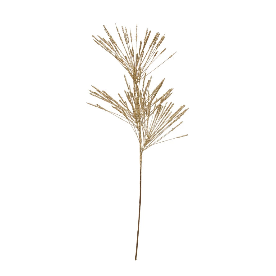Faux Long Needle Pine Spray with Glitter, Gold Finish