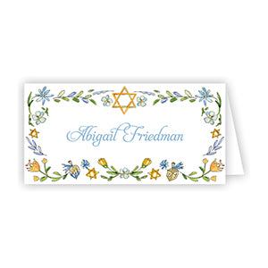 Handpainted Star of David with Blue & Gold and Floral Border Placecard