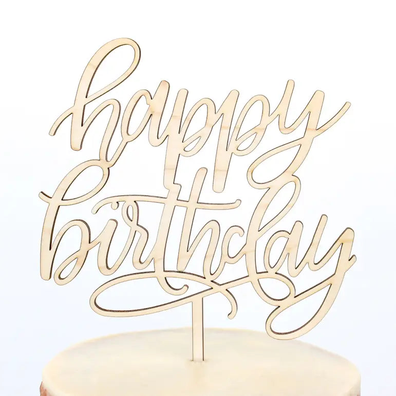 Happy Birthday Script Maple Wood Cake Topper