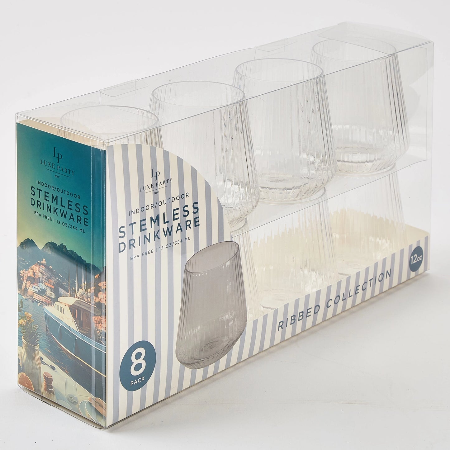 Clear Ribbed Stemless Wine Glass Set