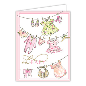 Oh Baby Handpainted Pink Baby Clothesline Greeting Card