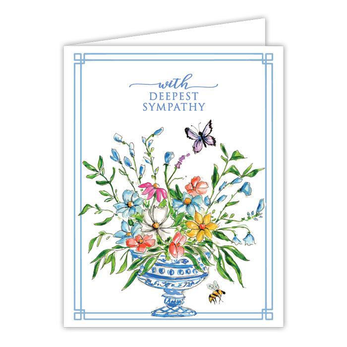 Handpainted Floral Arrangement with Bamboo Trellis Blue Sympathy Card