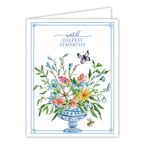 Handpainted Floral Arrangement with Bamboo Trellis Blue Sympathy Card