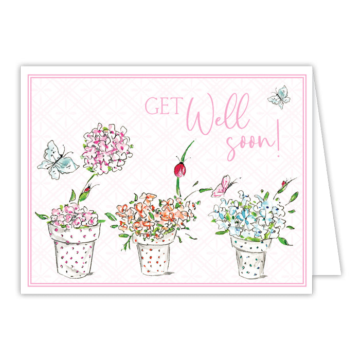 Get Well Soon Handpainted Flowers in Polka Dot Pots Greeting Card