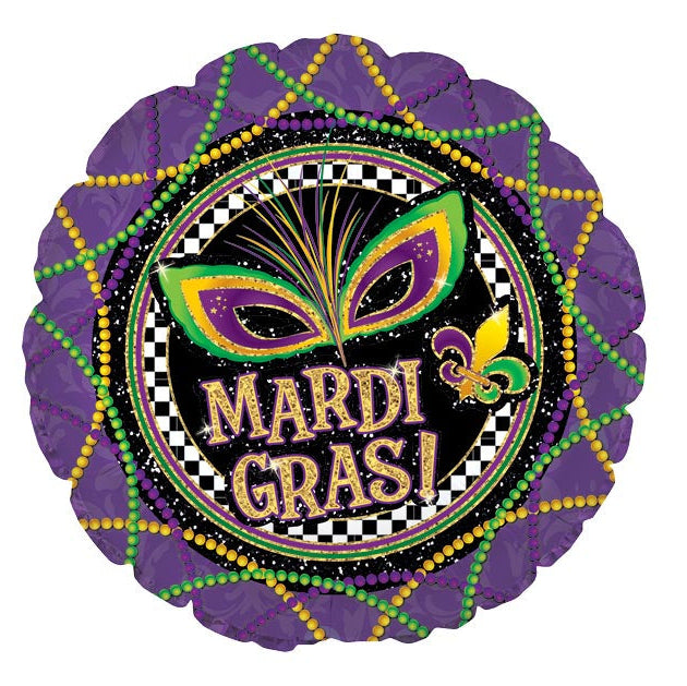 17" Mardi Gras Glitter Mask and Beads Mylar