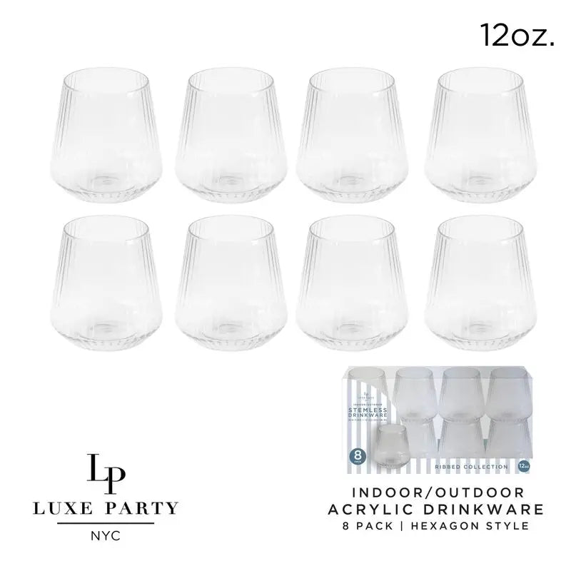 Clear Ribbed Stemless Wine Glass Set