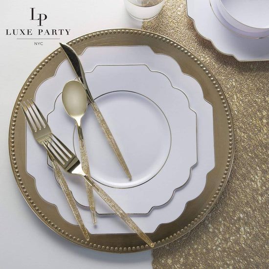 Scalloped White and Gold Rim Dinner Plates