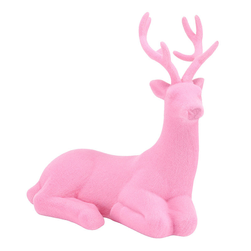 12" Pink Sitting Flocked Deer