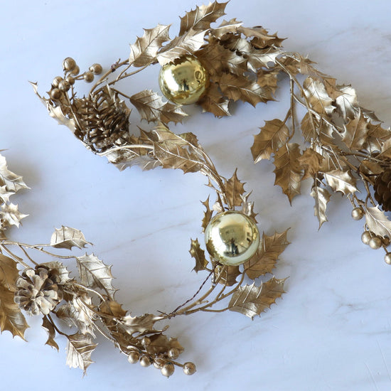 65" Faux Holly Garland with Pinecones & Ornaments, Gold