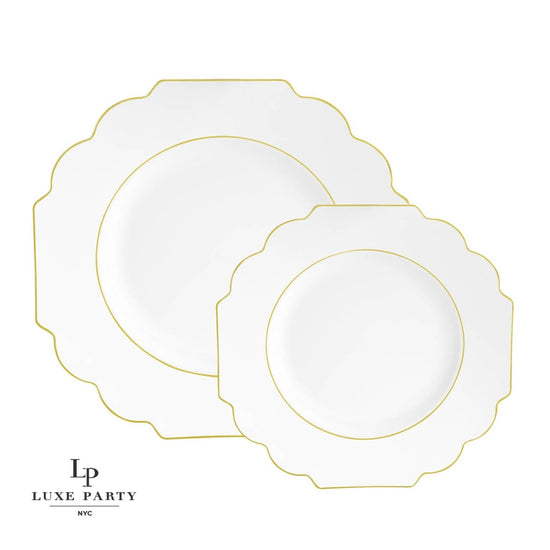 Scalloped White and Gold Rim Dinner Plates