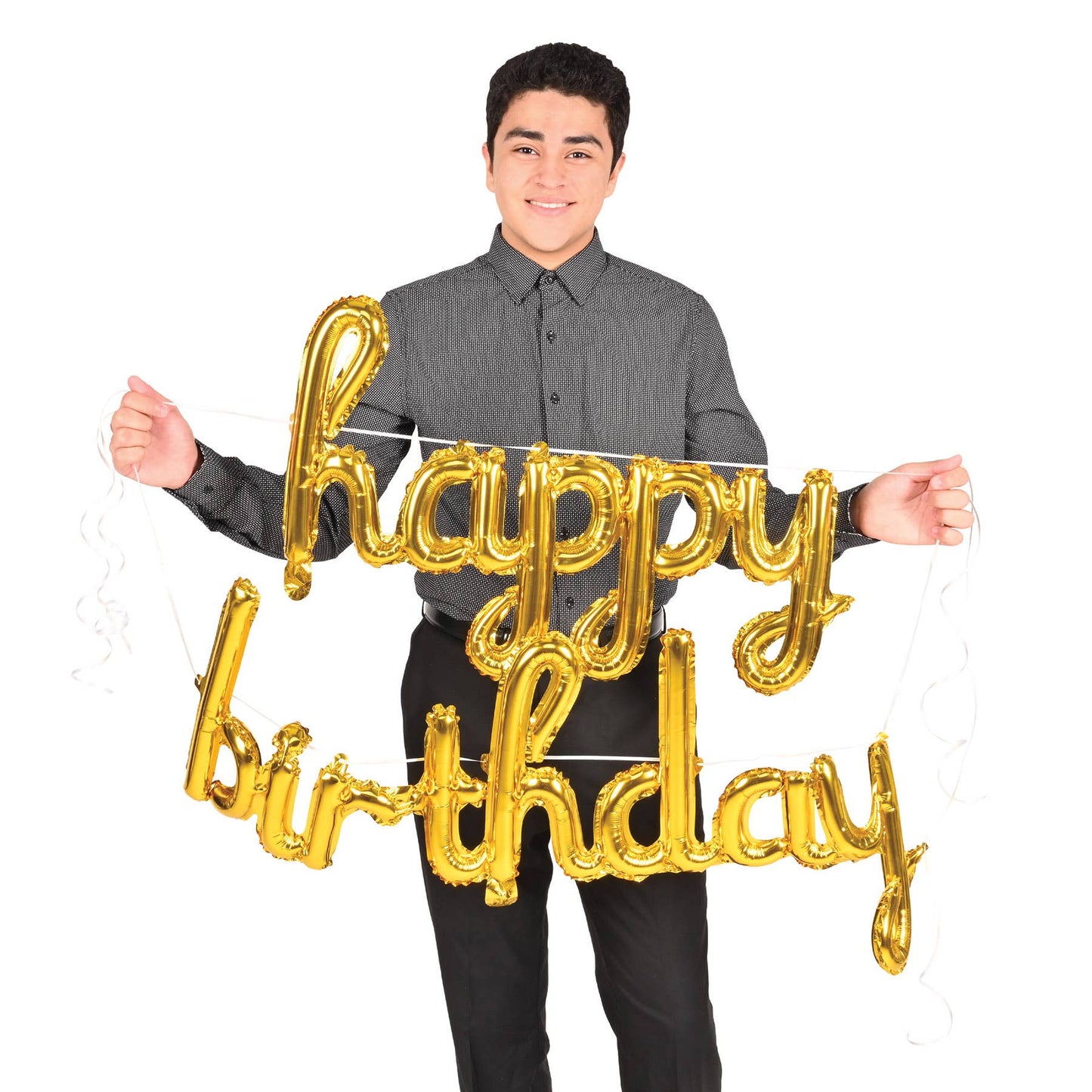 Gold Script Happy Birthday Balloon Streamer
