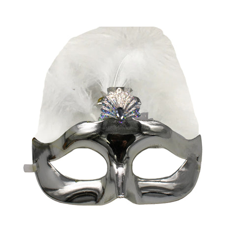 Silver Mask with White Feather Plume