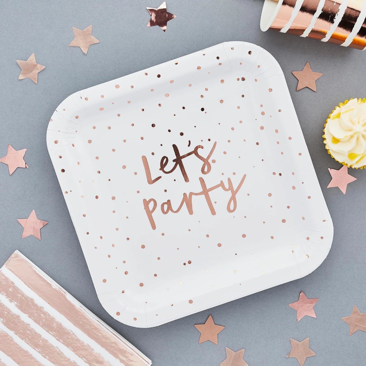Rose Gold "Let's Party" Paper Plates