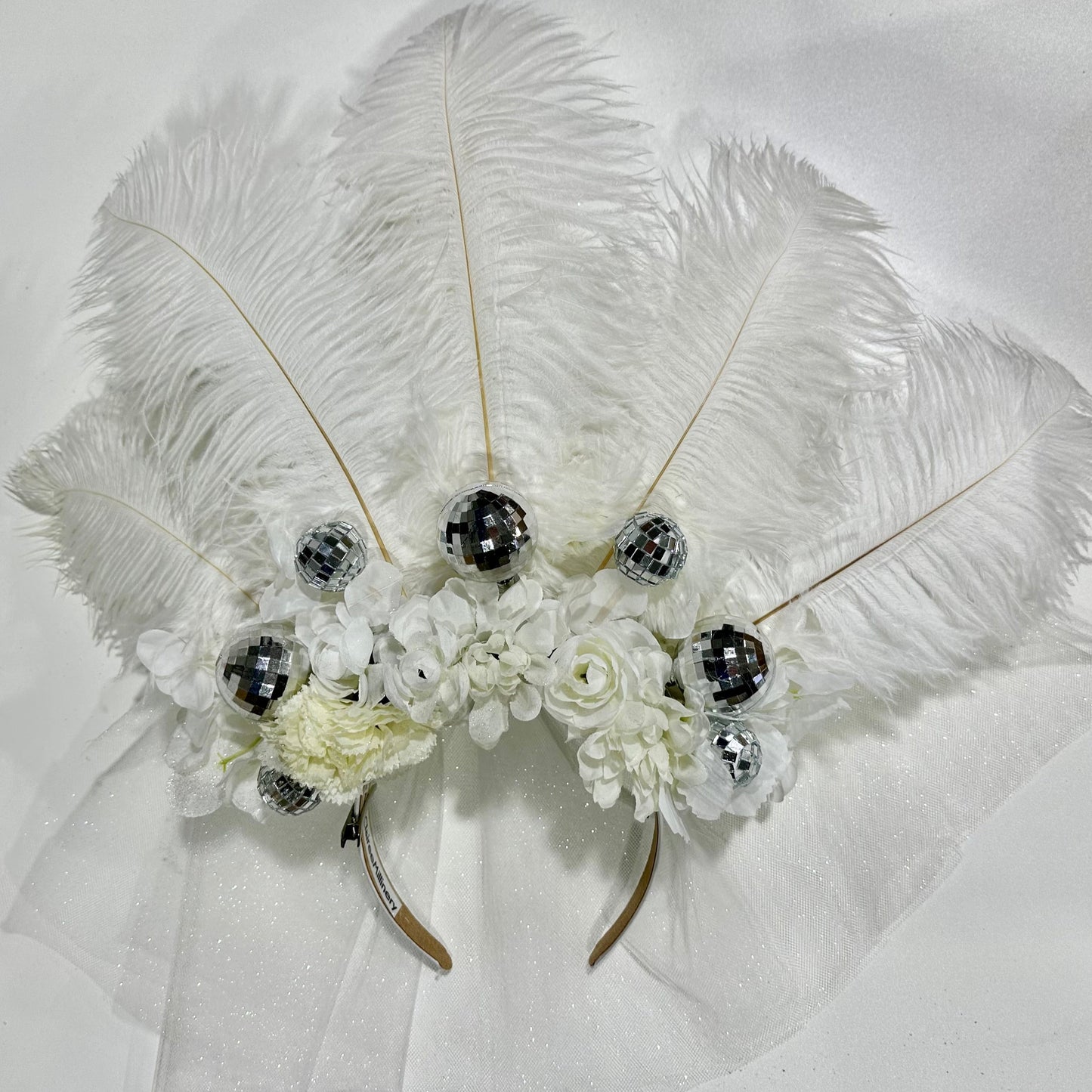 Bridal Headband with Veil, Feathers, and Disco Balls