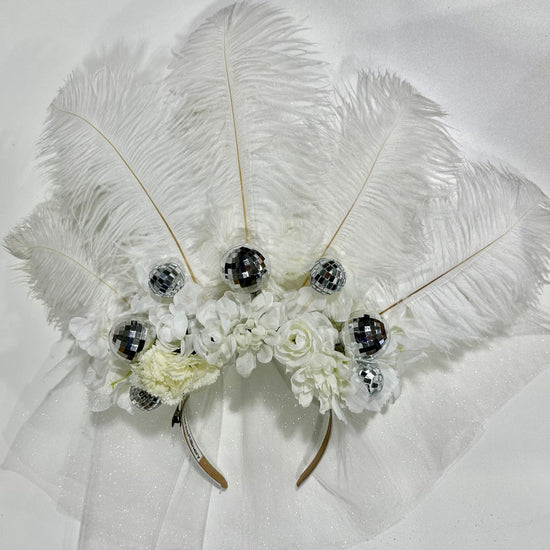 Bridal Headband with Veil, Feathers, and Disco Balls