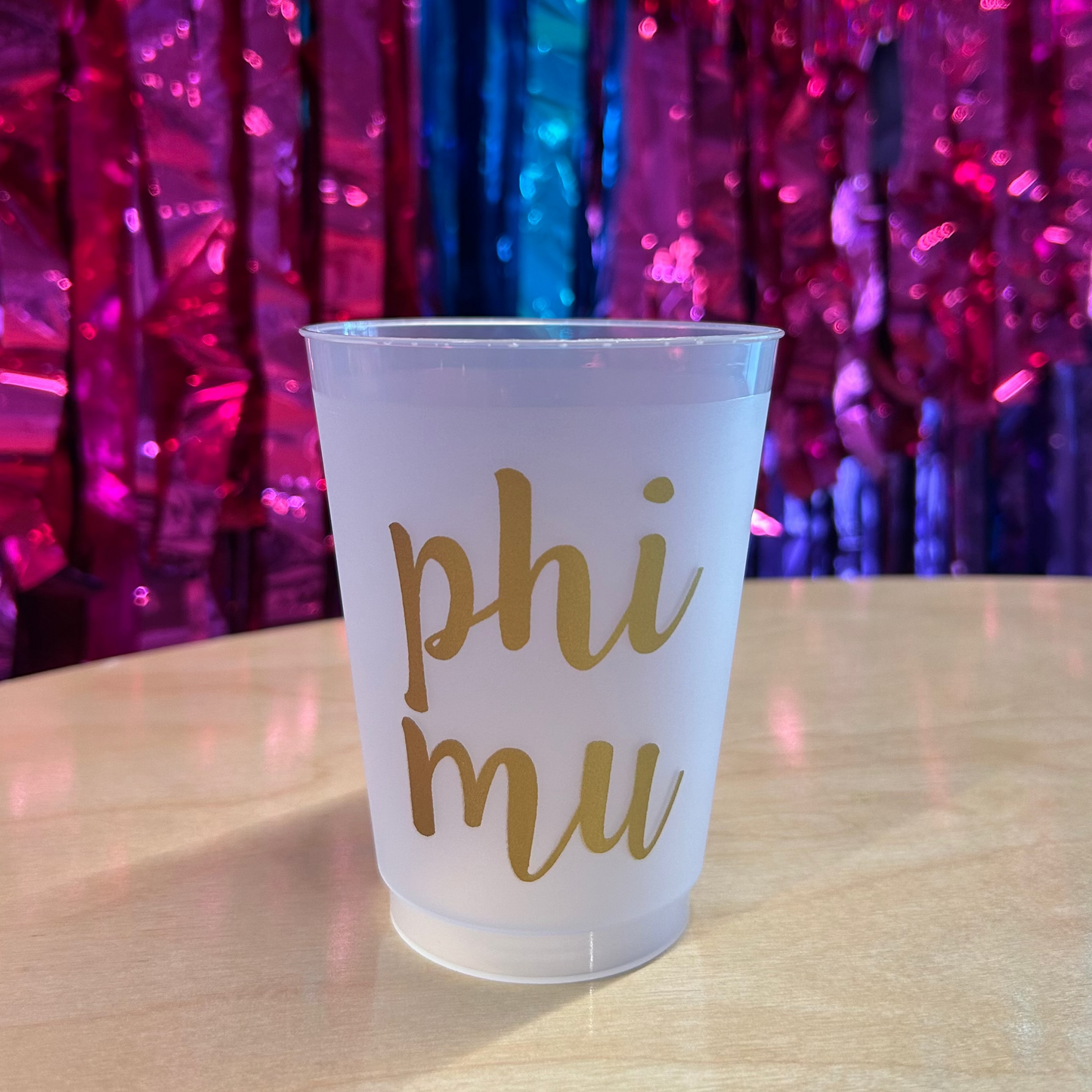 Gold Script Phi Mu Frosted Cups