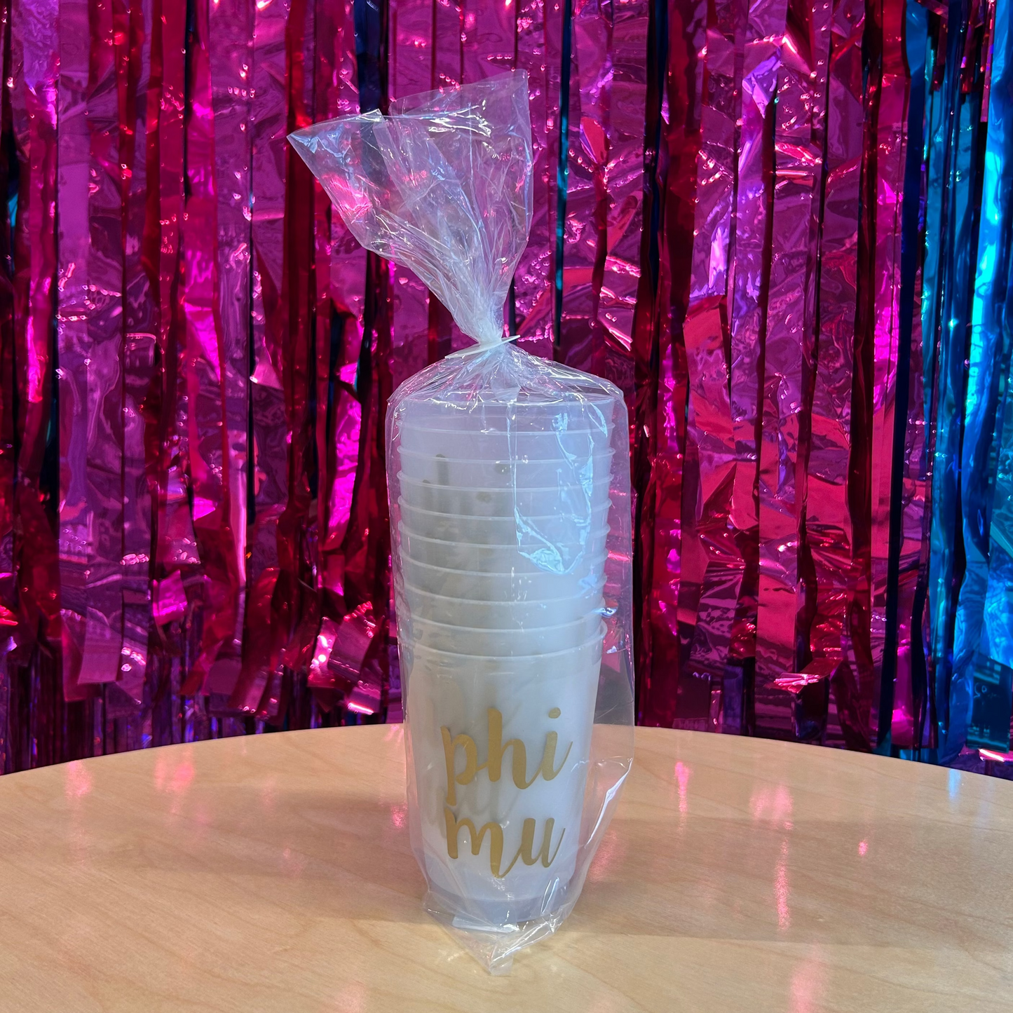 Gold Script Phi Mu Frosted Cups