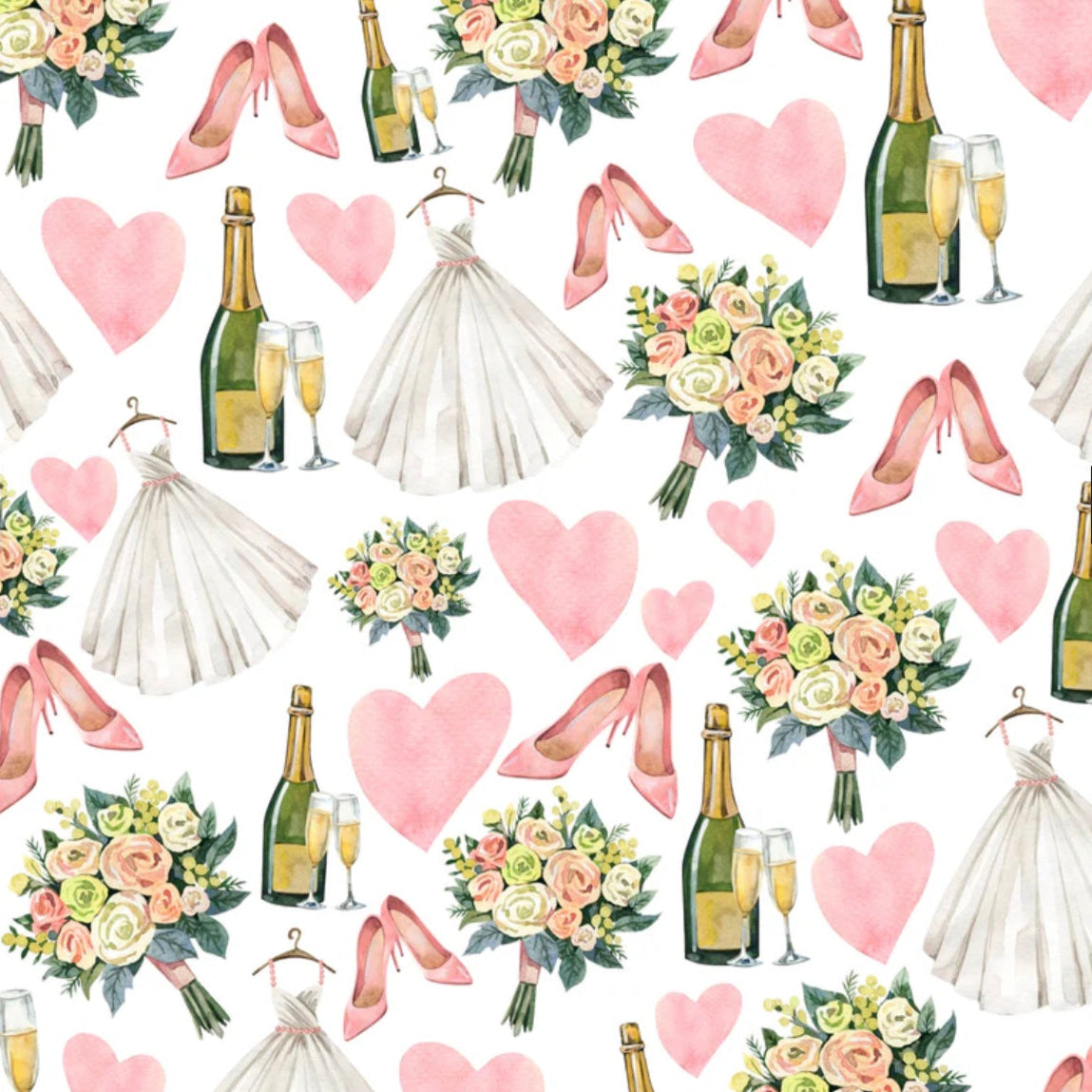 Pattern of wedding-related items including bouquets, dresses, shoes, and champagne on a white background.