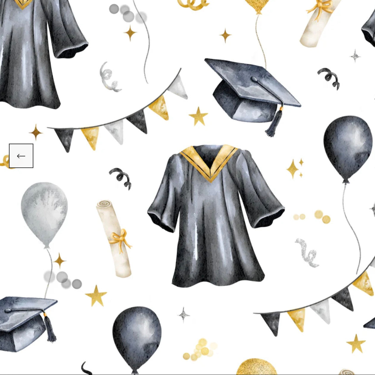 Graduation-themed pattern with gowns, caps, balloons, and streamers on a white background.