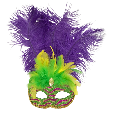 Green and Purple Striped Mask with Feathers