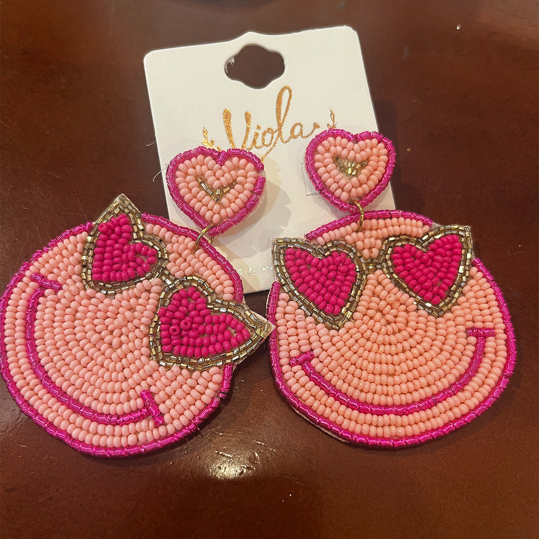 Pink Beaded Smiley Earring