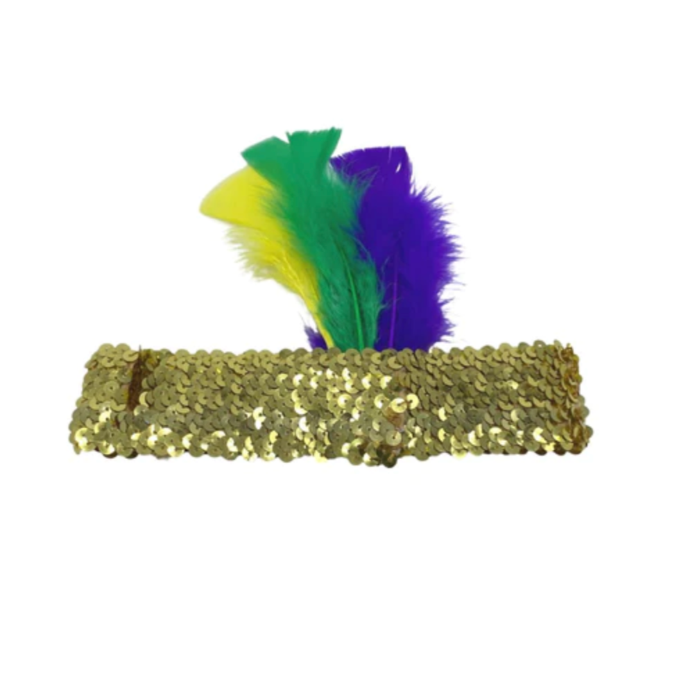Mardi Gras Gold Sequin Headband with Purple, Green and Gold Feathers