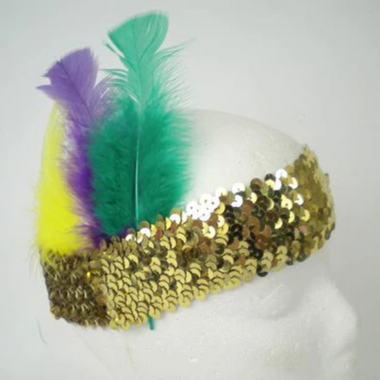 Mardi Gras Gold Sequin Headband with Purple, Green and Gold Feathers
