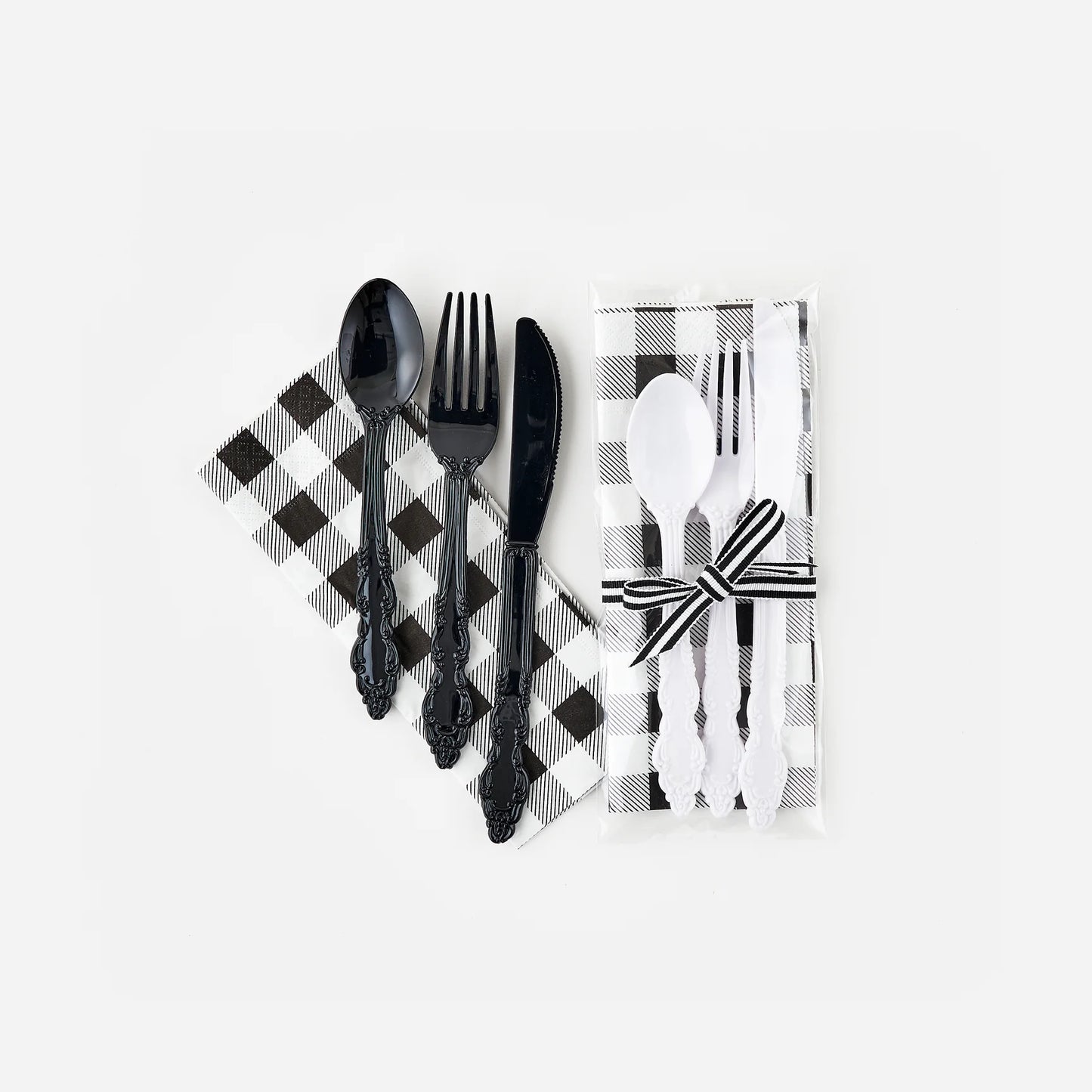 Black and White Silverware with Gingham Napkins