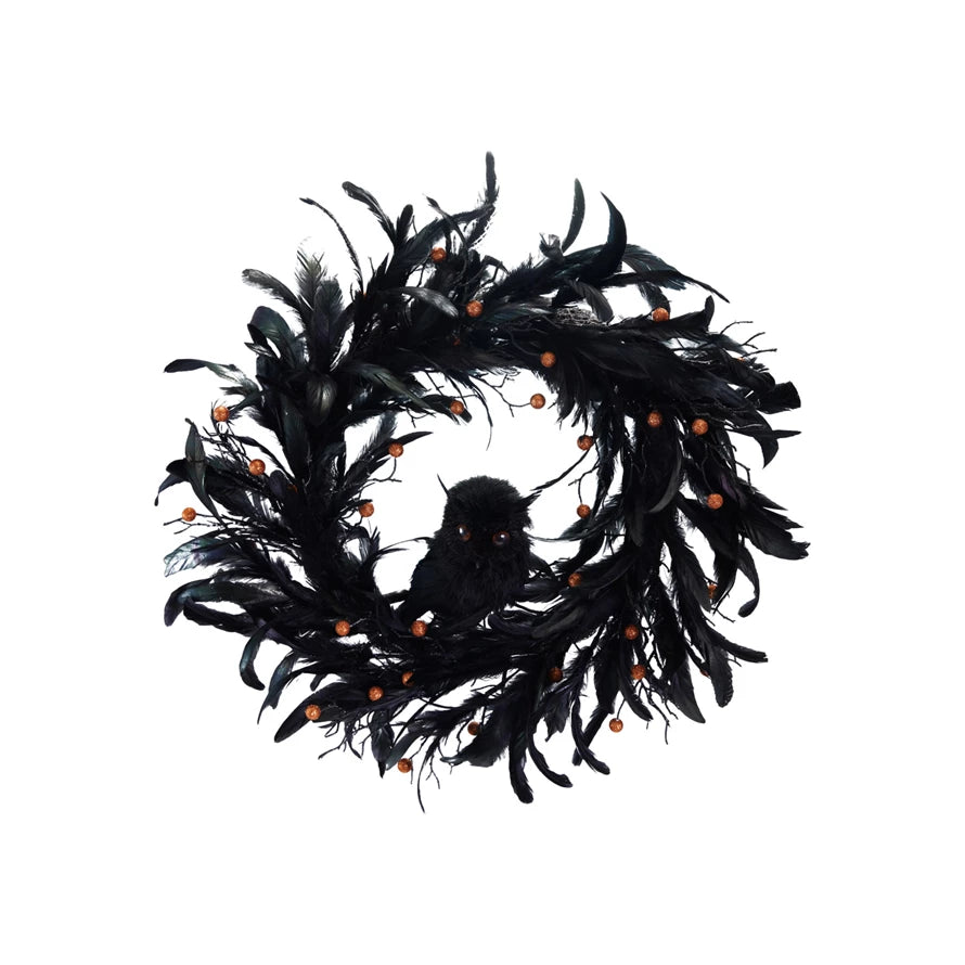 24" Feather Wreath with Owl