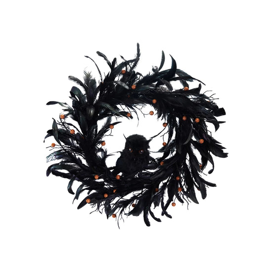 24" Feather Wreath with Owl
