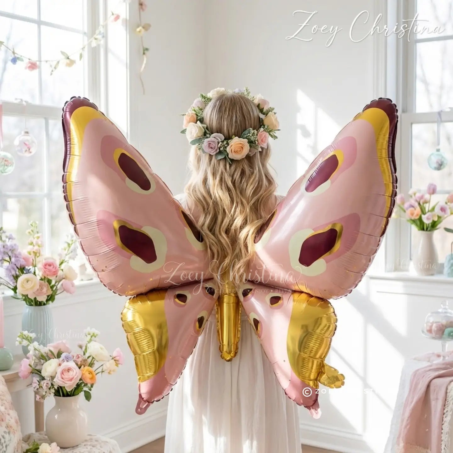 49" Wearable Pink & Gold Butterfly Wings Mylar