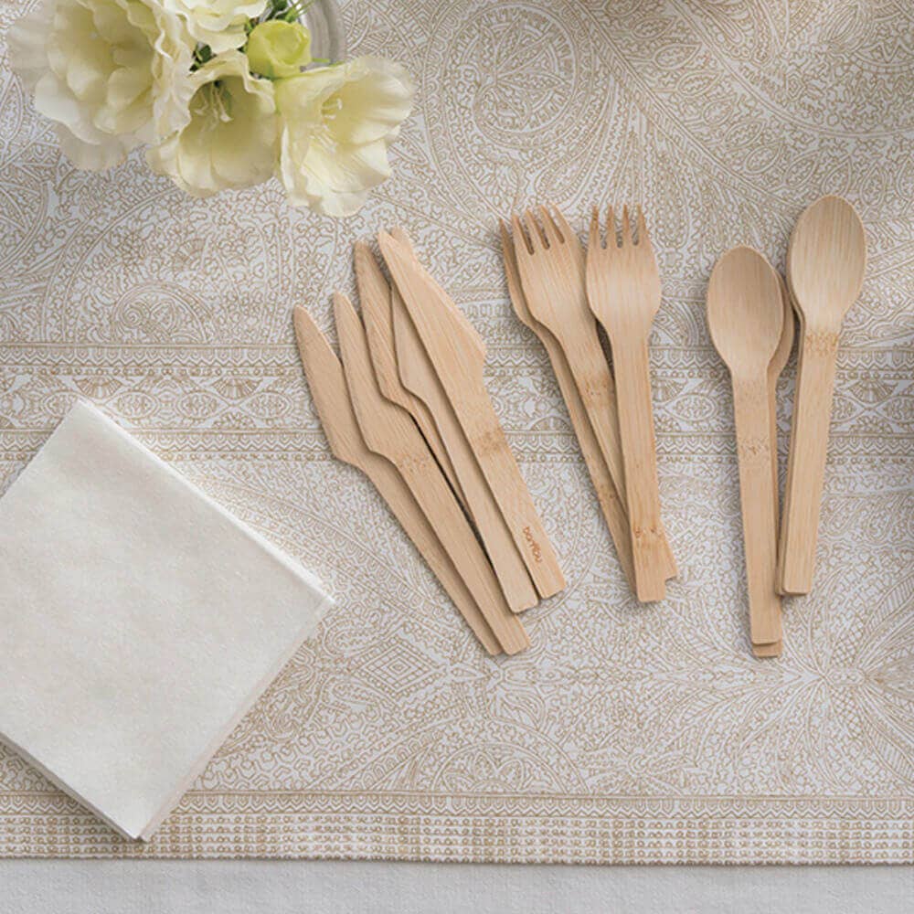 Disposable Bamboo Knife, Fork, and Spoon Set