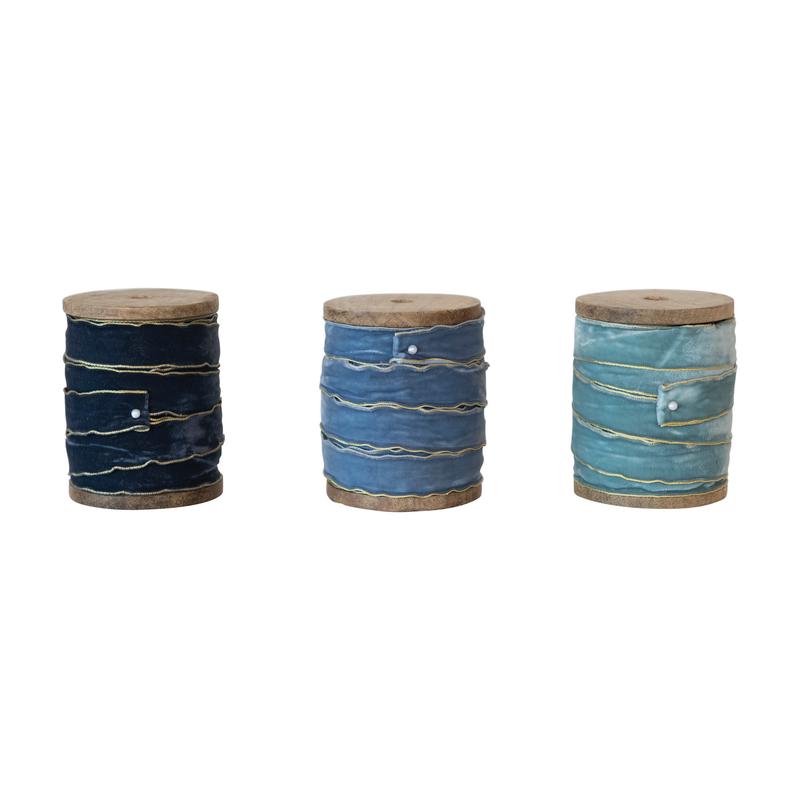 Velvet Ribbon on Wood Spool - Blues