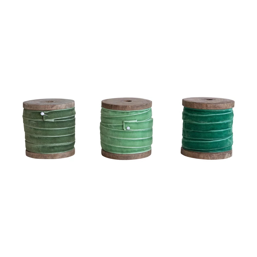 Velvet Ribbon on Wood Spool - Greens