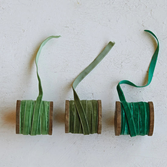 Velvet Ribbon on Wood Spool - Greens