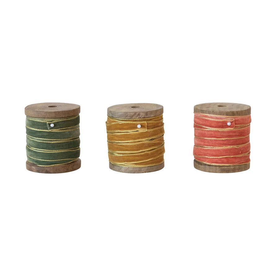 10 yd Velvet Ribbon with Metallic Edges on Wood Spool, 3 Colors (1)