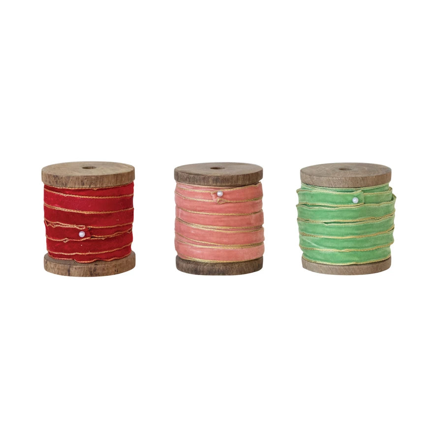 Velvet Ribbon on Wood Spool - Christmas Colors