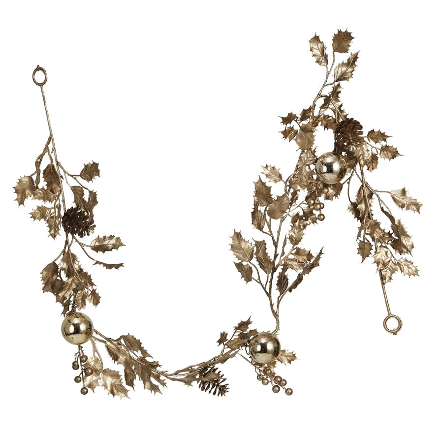 65" Faux Holly Garland with Pinecones & Ornaments, Gold