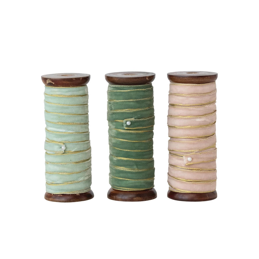 Velvet Ribbon on Wood Spool - Green & Pink