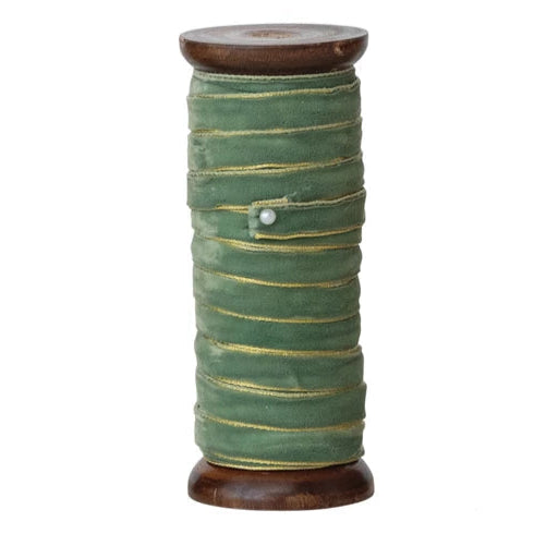 Velvet Ribbon on Wood Spool - Green & Pink