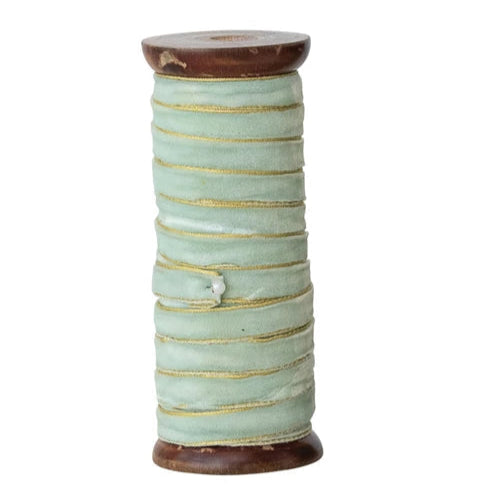 Velvet Ribbon on Wood Spool - Green & Pink