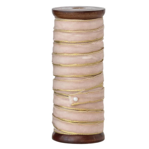 Velvet Ribbon on Wood Spool - Green & Pink