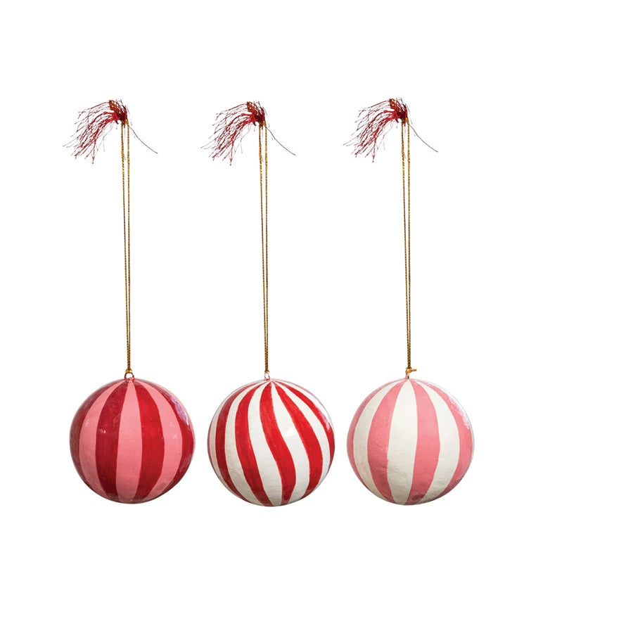 Paper Mache Striped Ball Ornament