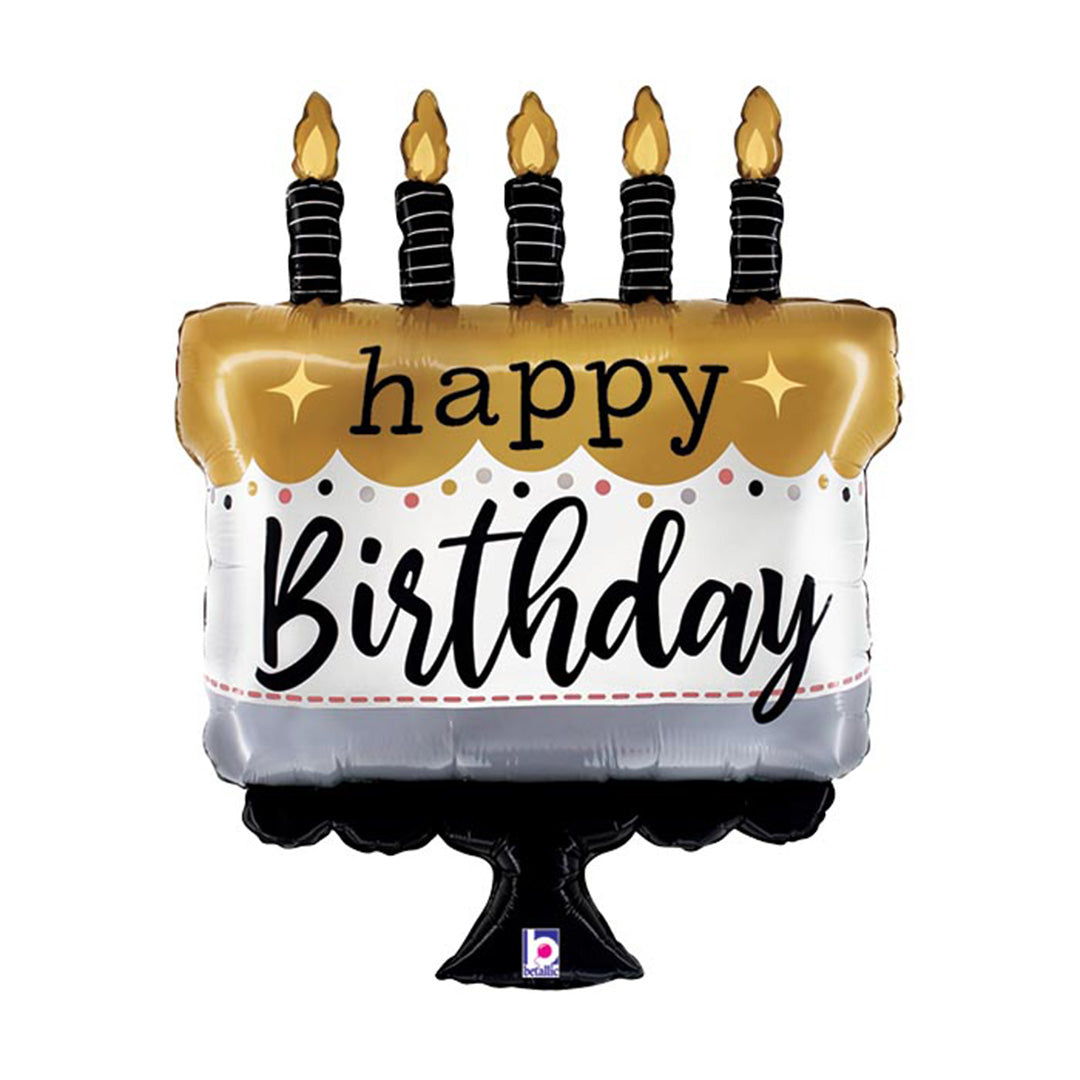 Black and Gold Satin Happy Birthday Cake Mylar Balloon